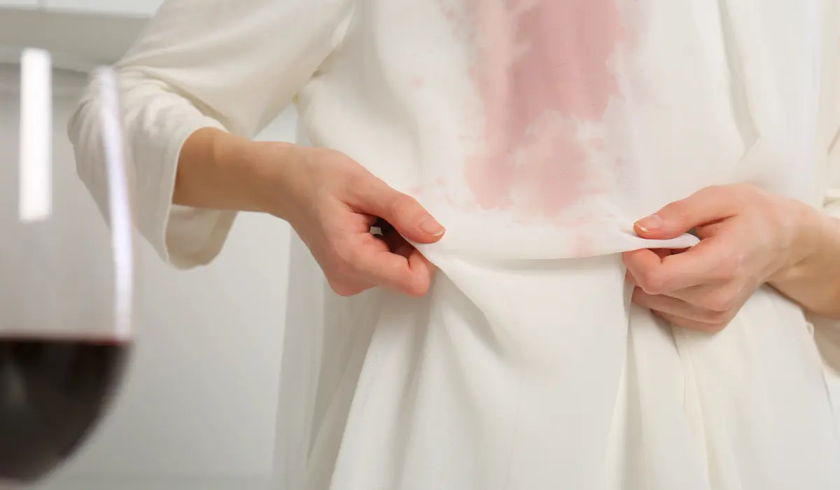 Tâche de vin rouge sur la robe blanche d'une femme